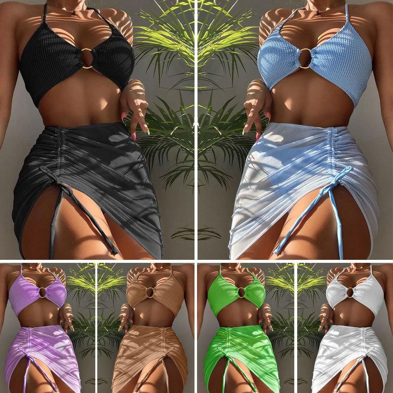 Plavky v evropsko-americkém stylu, dámské, přiléhavé na tělo, jednobarevné, sexy plavky se zapínáním na krk, třídílné bikiny plážové módní plavky