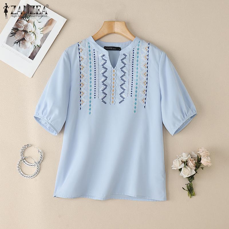 ZANZEA Women Casual V-Neck Summer Short Sleeve Print Blouse