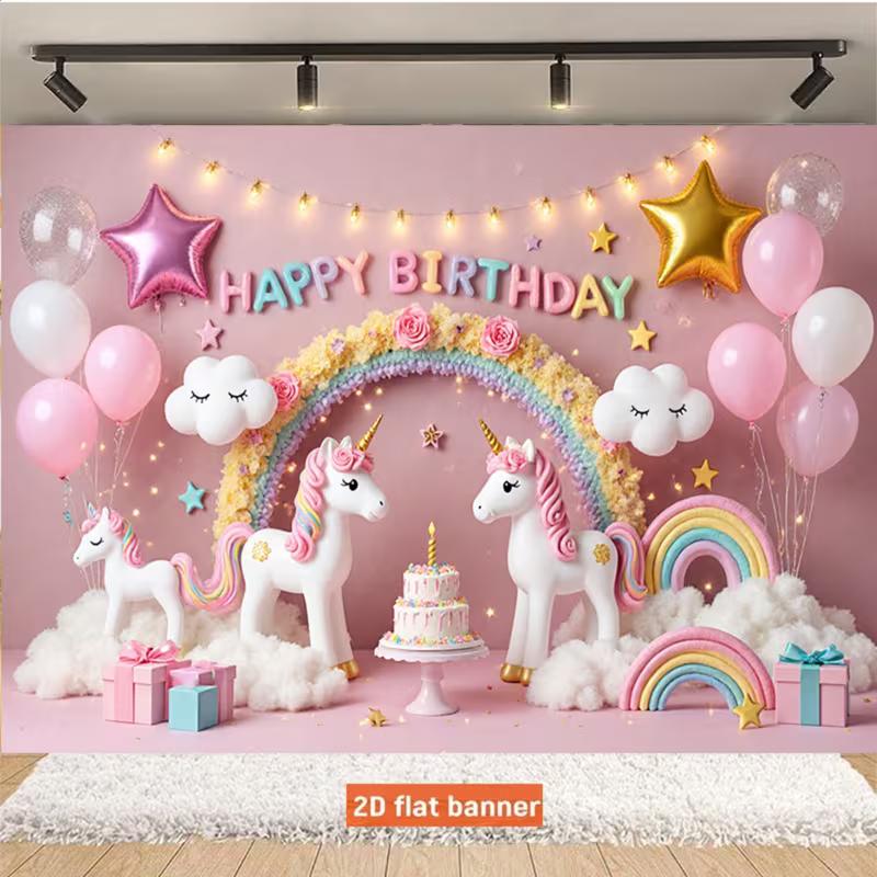 2D Cute Unicorn Birthday Backdrop with Gift Boxes for Photo Booth & Events