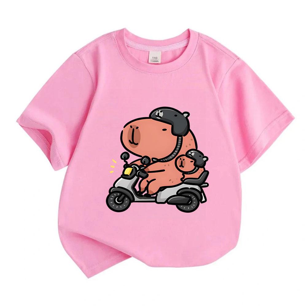 Kids Boys Girls 100% Cotton Crew Neck Short Sleeve T-Shirt, Cute Capybara Ride Electric Motorcycle Printed Casual Soft Lightweight Tee for Children Da
