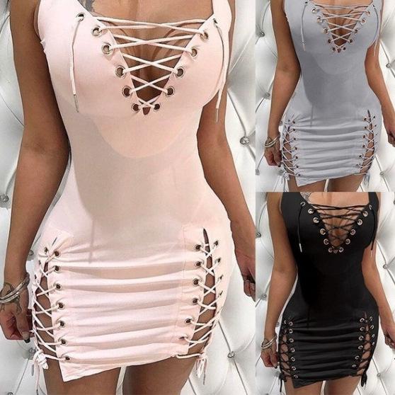 Women's Solid Color Deep V-Neck Sexy Bandage Dress