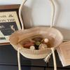 Woven Straw Tote Bag with Beaded Tassel and Open Top Design for Summer Beach or Casual Daily Use