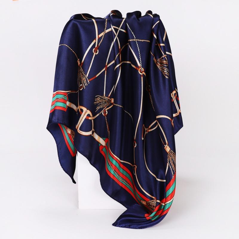 Versatile chain 90cm silk scarf square scarf high-end women's shawl retro printing satin bag headscarf