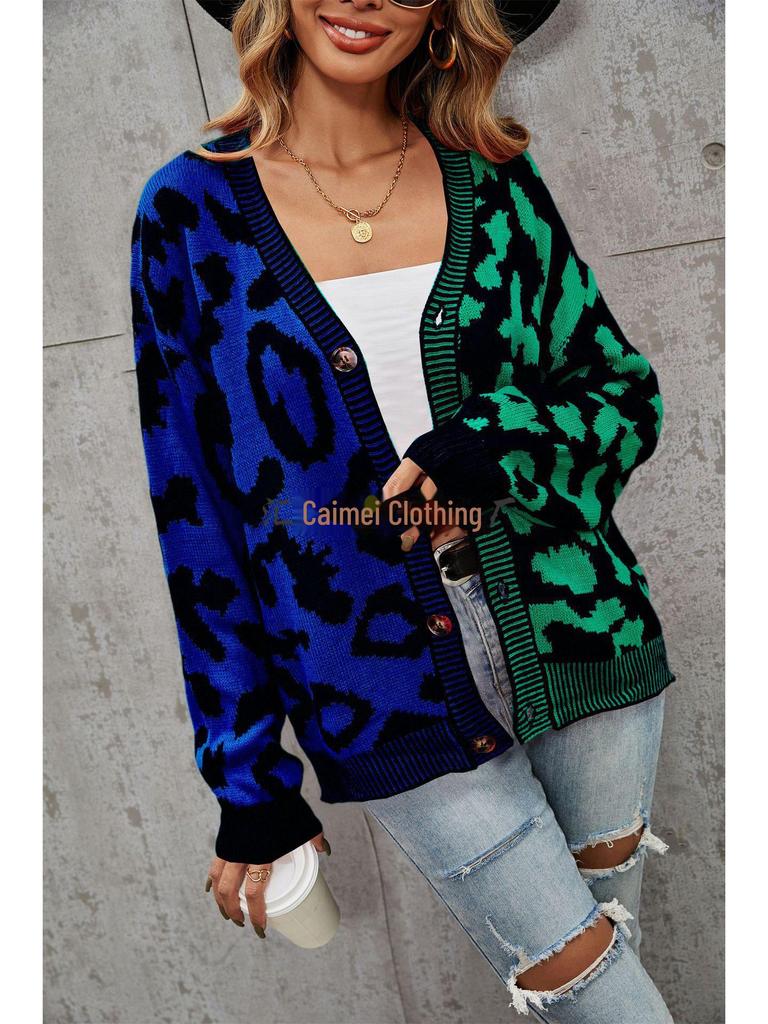 European & American Leopard Print Knitted Cardigan: Autumn/Winter, Mid-Length, Round Neck, Single-Breasted, Streetwear Style, Plus Size Sweater