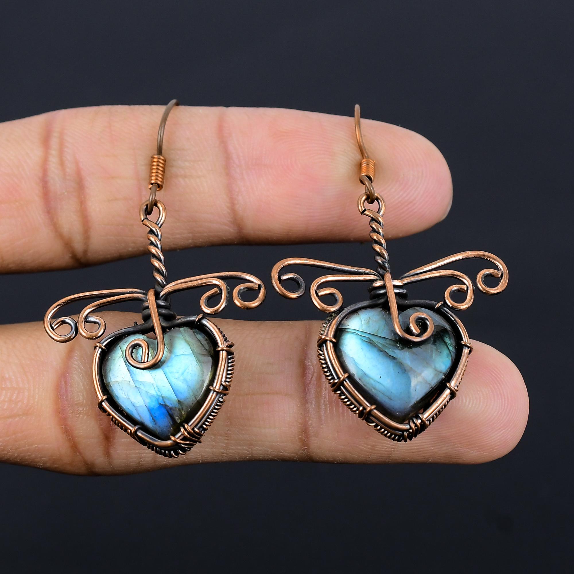 

Серьги из лабрадорита, обернутые медной проволокой 999 пробы, Ювелирные изделия с драгоценными камнями ручной работы, Подарки для жены, Совершенно новые серьги 2.55 Inches