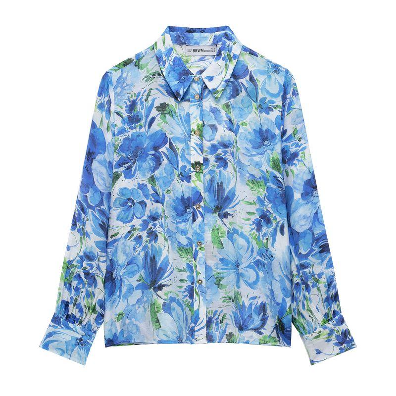 

Kaslead New Arrival Women s Fashion Style Flower Print Stylish Temperament Long Sleeves Lapel Shirt 5029053 Blue L