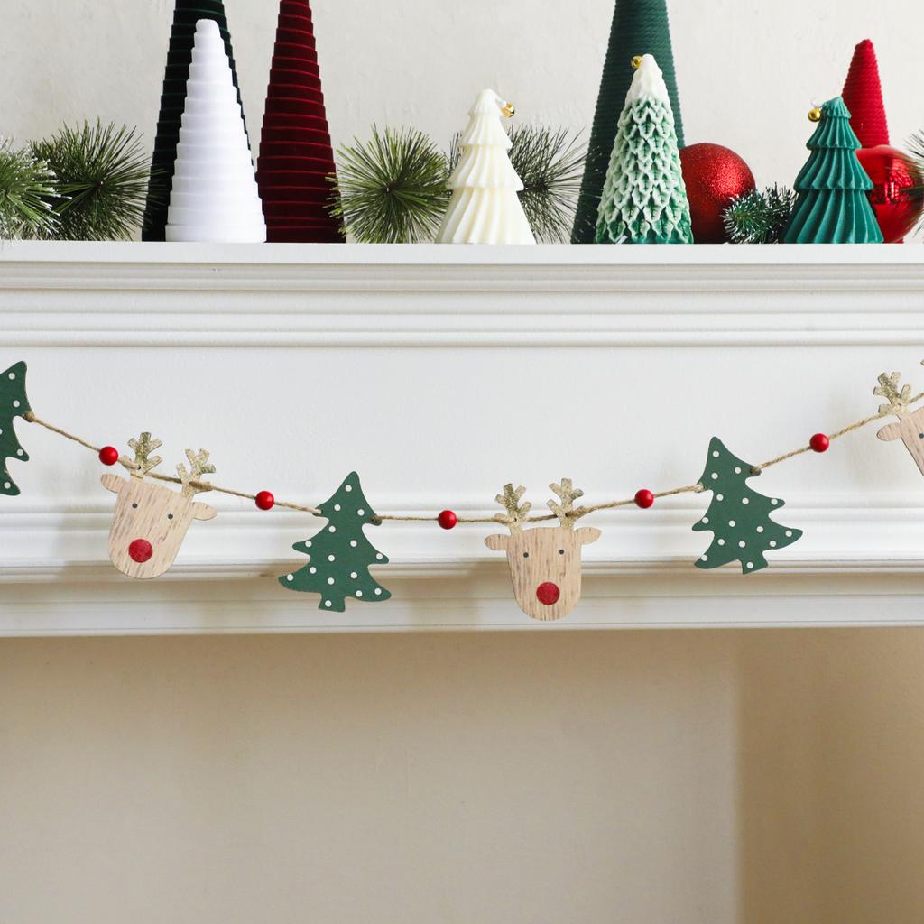 Christmas Wooden Garland with Reindeer & Tree Ornaments Jute Rope Hanging Banner Cute Festive Fireplace & Home Party Decoration