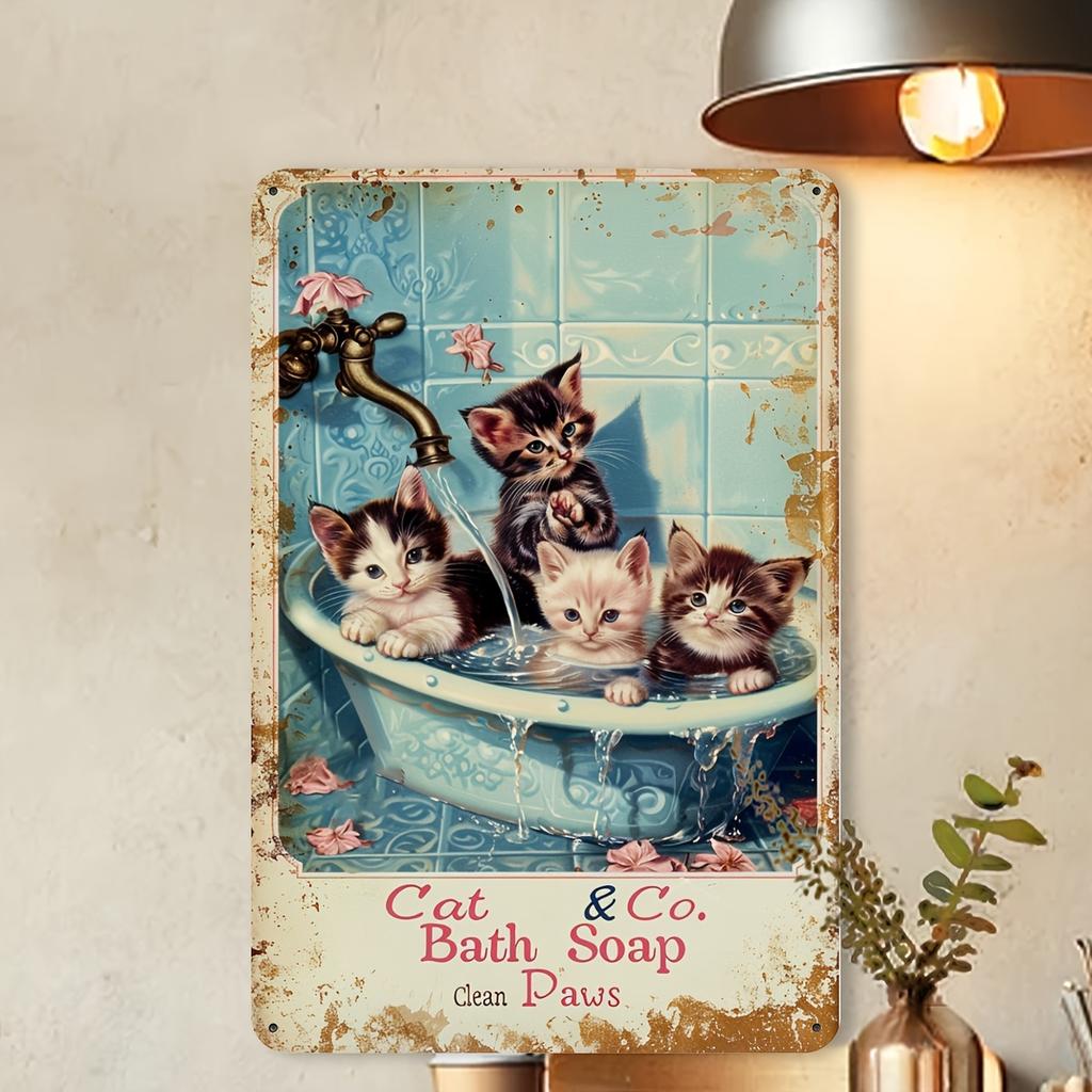 Vintage Cat Bath Soap Metal Tin Sign - Playful Cats In Basin Scratchboard, Iron Wall Art Decor for Home