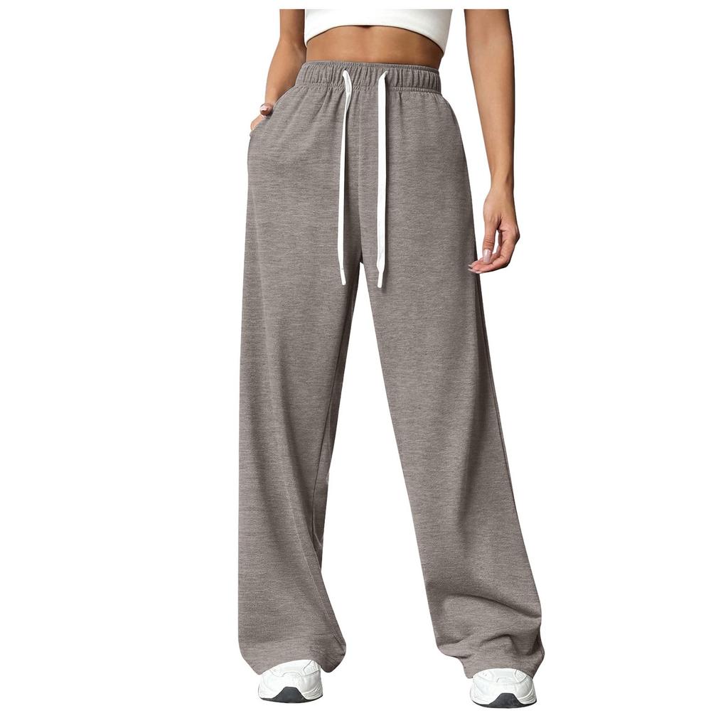 Women New Elastic Waist Pants with Side Pockets Fleece Lined Thick Wide Leg Sweatpants Pure Color Straight Cut