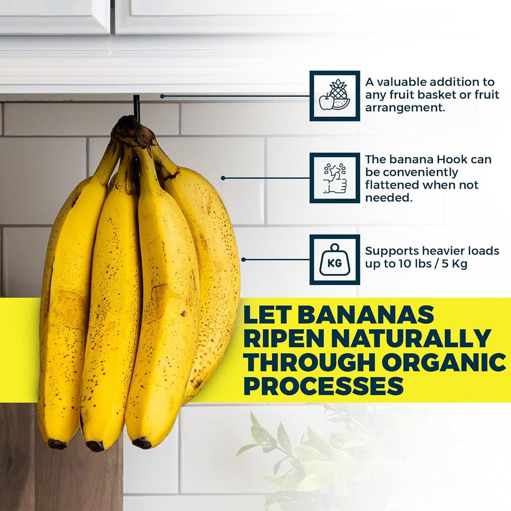Banana Hanger - Under Cabinet Hook for Bananas or Other Lightweight Kitchen Items. Hook Folds-up When Not In Use. Self-Adhesive and Pre-drilled Holes