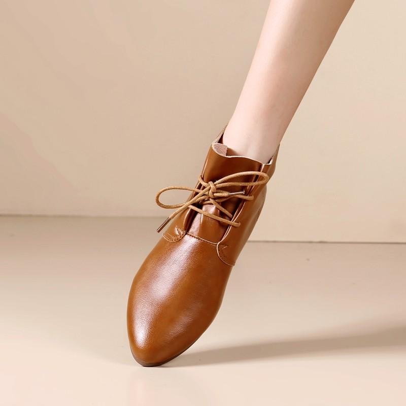 New Women's Ankle Boots Lace Up Leather Shoes Pointed Toe Flats Soft Sneakers for Female Motorcyle Boots Black Booties