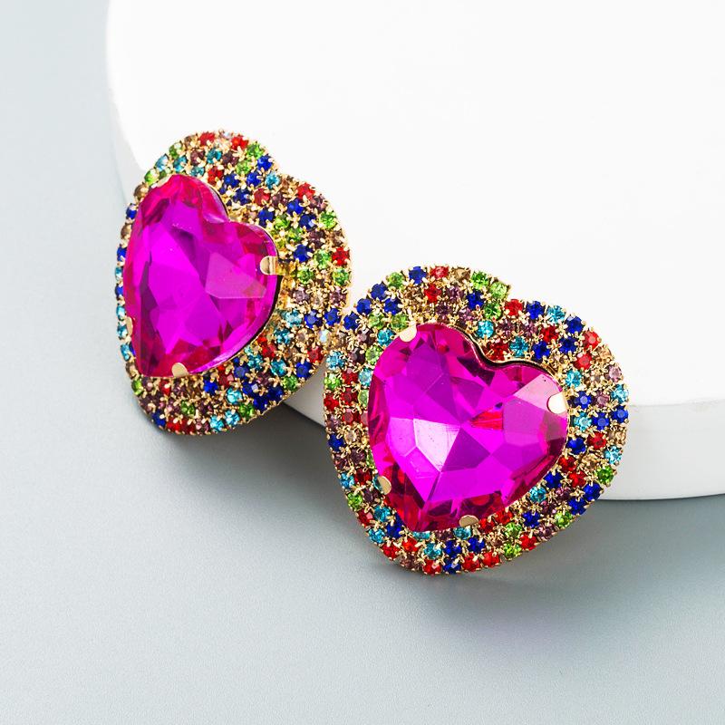 Women's Stud Earring Exaggerated Alloy Crystal Heart Earrings Super Flashing Personality Earrings
