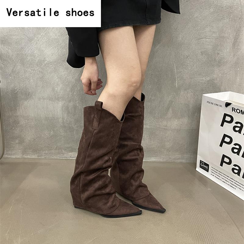 Vinter Designer Dam Knähöga Stövlar Mode Spetsig Tå Slip On Långa Stövletter Designer Tjocka Klackar Botas De Mujer