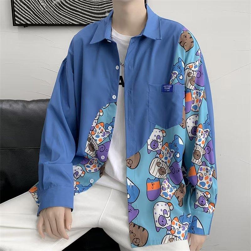 Spring and Autumn Cartoon Stitching Long-Sleeved Shirt Men's BF Loose Korean Style Couple Harajuku Style National Fashion Cardigan Jacket