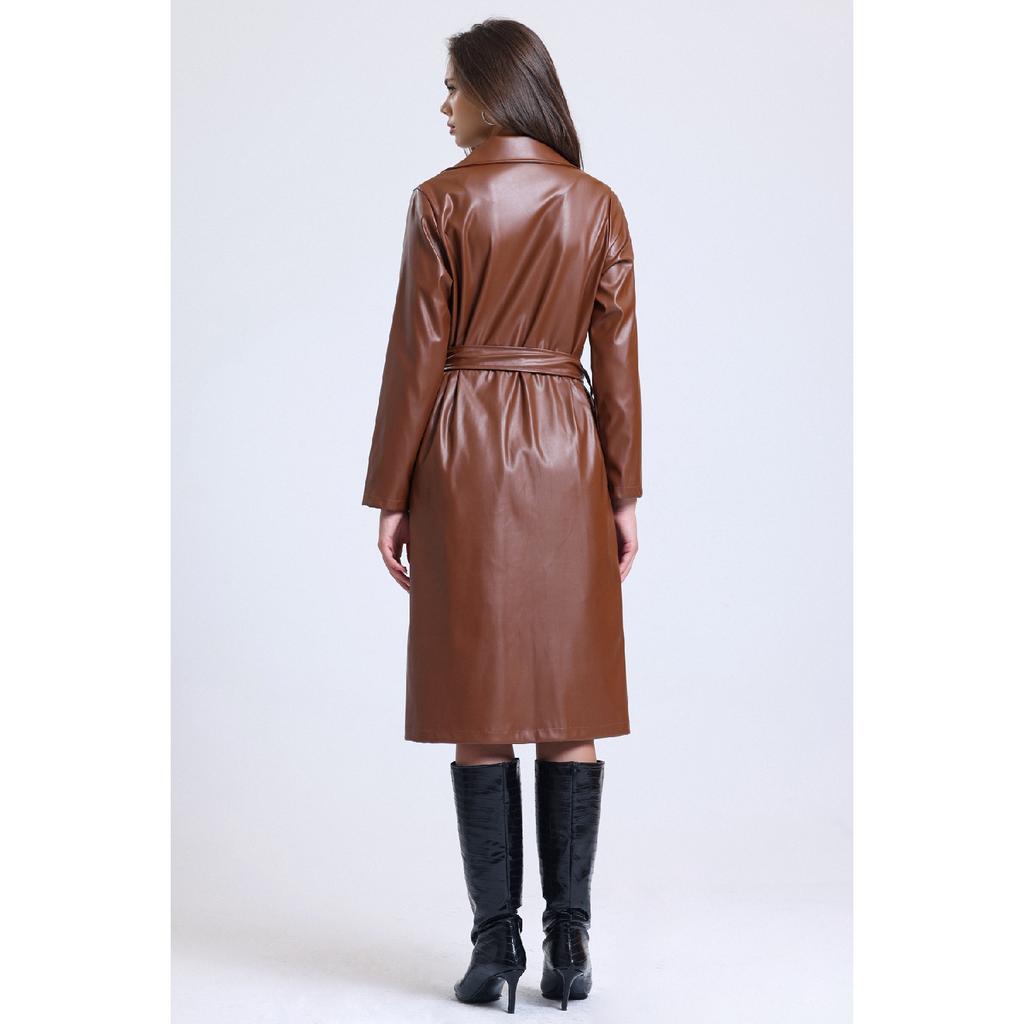 Damski skórzany trencz z podwójną podszewką i paskiem, z podwójnym kołnierzem