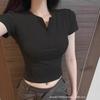 Apricot Straight Shoulder Short Sleeve Women's Slim Fit Crop Top with Half Zip and Fishbone Detail