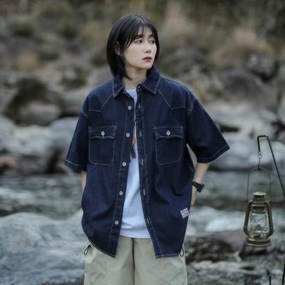 Japanese Retro Fashion Brand Summer Loose Denim Short Sleeved Shirt Artistic Youth Workwear Shirt Men'S And Women'S Layered Jacket