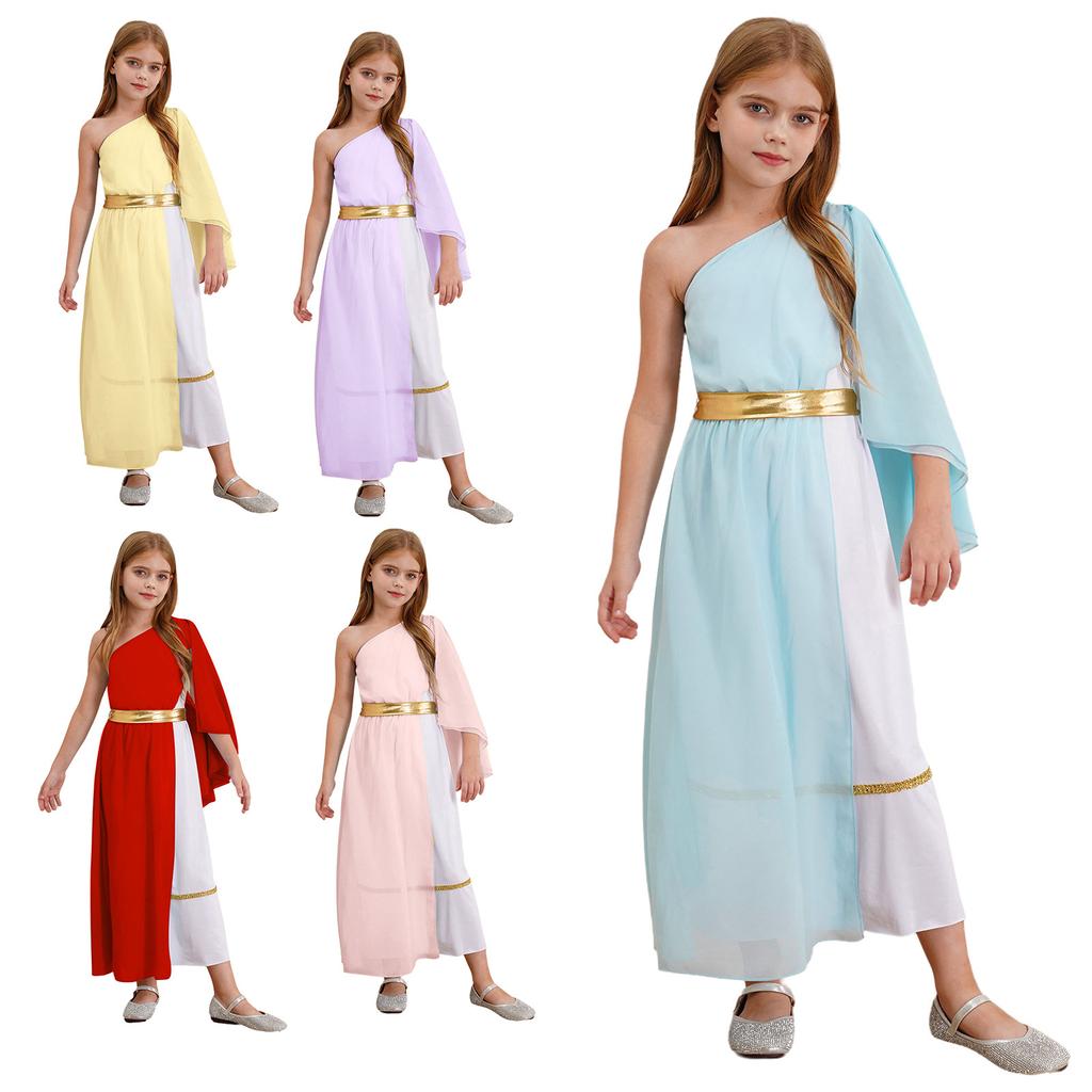 Girls Greek Toga Costume Single Shoulder Tulle Shawl Patchwork Flowy Dress Waistband Ancient Roman Halloween Outfit