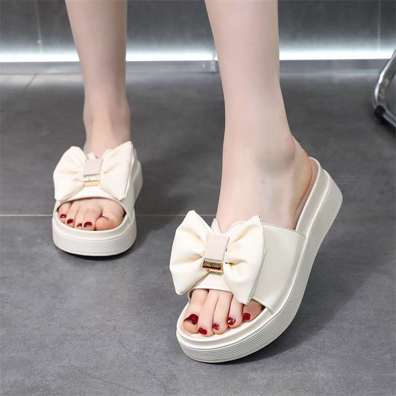 Thick-soled Slippers for Women's Summer Outer Wear 2025 New Bow Heightening Skirt Versatile Non-slip, Light and Comfortable One-word Drag