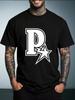 Unisex Summer White Short Sleeve Tee Bold Letter P Star Outline Graphic Print Crew Neck Loose Vintage Streetwear Male Casual Tops