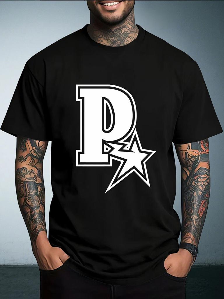 Unisex Summer White Short Sleeve Tee Bold Letter P Star Outline Graphic Print Crew Neck Loose Vintage Streetwear Male Casual Tops