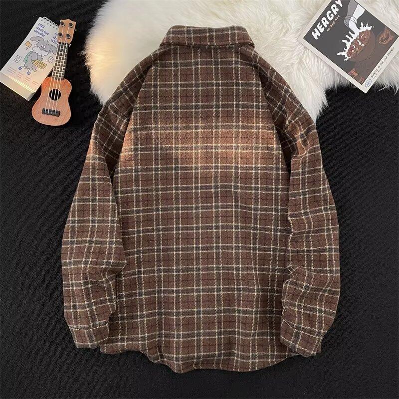 2024 Plaid Long Sleeve Shirt Japanese Hong Kong Style Ins Loose Shirt Boys Summer Trendy Versatile Casual Coat