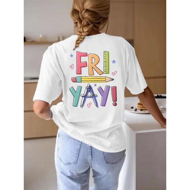 T-shirt casual da donna rosa con scritto "FRIYAY!"" Design con Matite Colorate - Manica Corta, Girocollo, Leggera Miscela di Cotone, Perfetto per Abbigliamento Casual