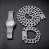 Hip Hop Men Bling Iced Out Gold 20mm Watch Bracelets Necklace Cuban Link Chain Set Watch Necklace Bracelet Jewelry Set