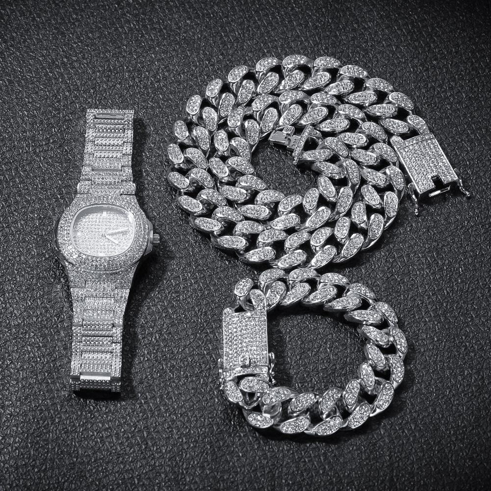 Hip Hop Men Bling Iced Out Gold 20mm Watch Bracelets Necklace Cuban Link Chain Set Watch Necklace Bracelet Jewelry Set