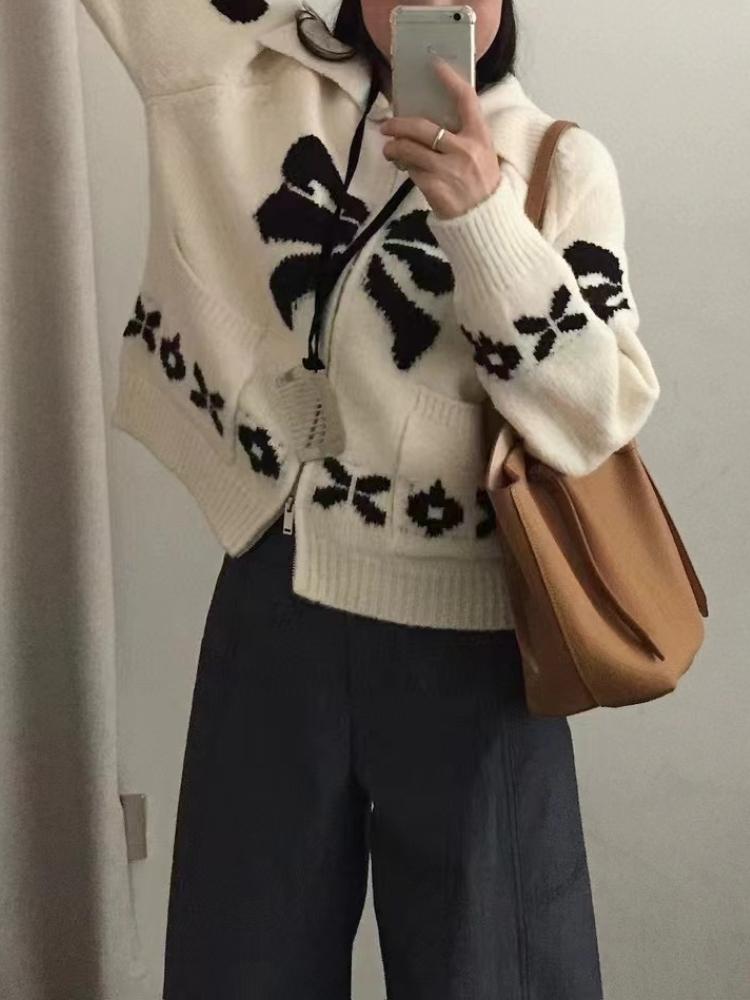 Autumn French Fashion Sweet Knitted Cardigan Women Harajuku White Design Aesthetic Print Sweater Female New Casual Elegant Chic Warm Coat