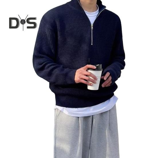 

Мужской свитер осень-зима с застежкой-молнией и воротником-стойкой, эластичный трикотажный однотонный свитер свободного покроя с длинными рукавами, повседневный свитер для работы, школы и отдыха 3XL чёрный