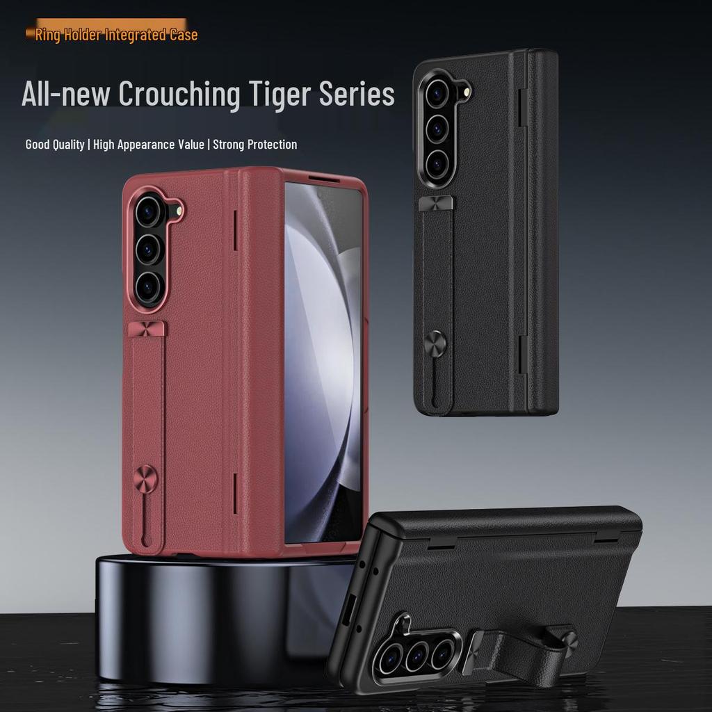 Samsung Fold6 Case with Stand: Protective PC Shell, Integrated Leather, Wrist Strap