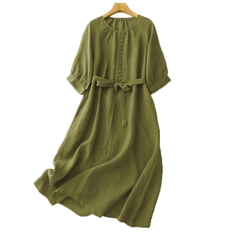 Summer new cotton and linen yarn-dyed literary and casual round neck shoulder sleeves loose dress women's clothing
