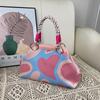 Colorful Print Top Handle Purse Knit Fabric Dumpling Shoulder Bag Cute Woven Handle Handbag  Work