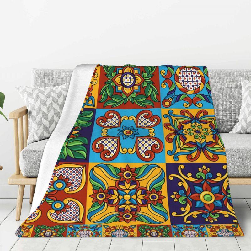 Custom Sofa Fleece Mexican Flowers Art Pattern Throw Blanket Warm Flannel Blankets for Bed Car Sofa Quilt