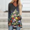 Ladies' Fashionable Casual Christmas Printed T-shirt Long Sleeved V-neck Mid Length Top