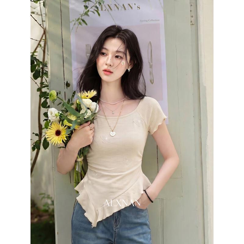 Lu Xiangnan Women s Apricot Ruffle Trim Slim-Fit T-Shirt M