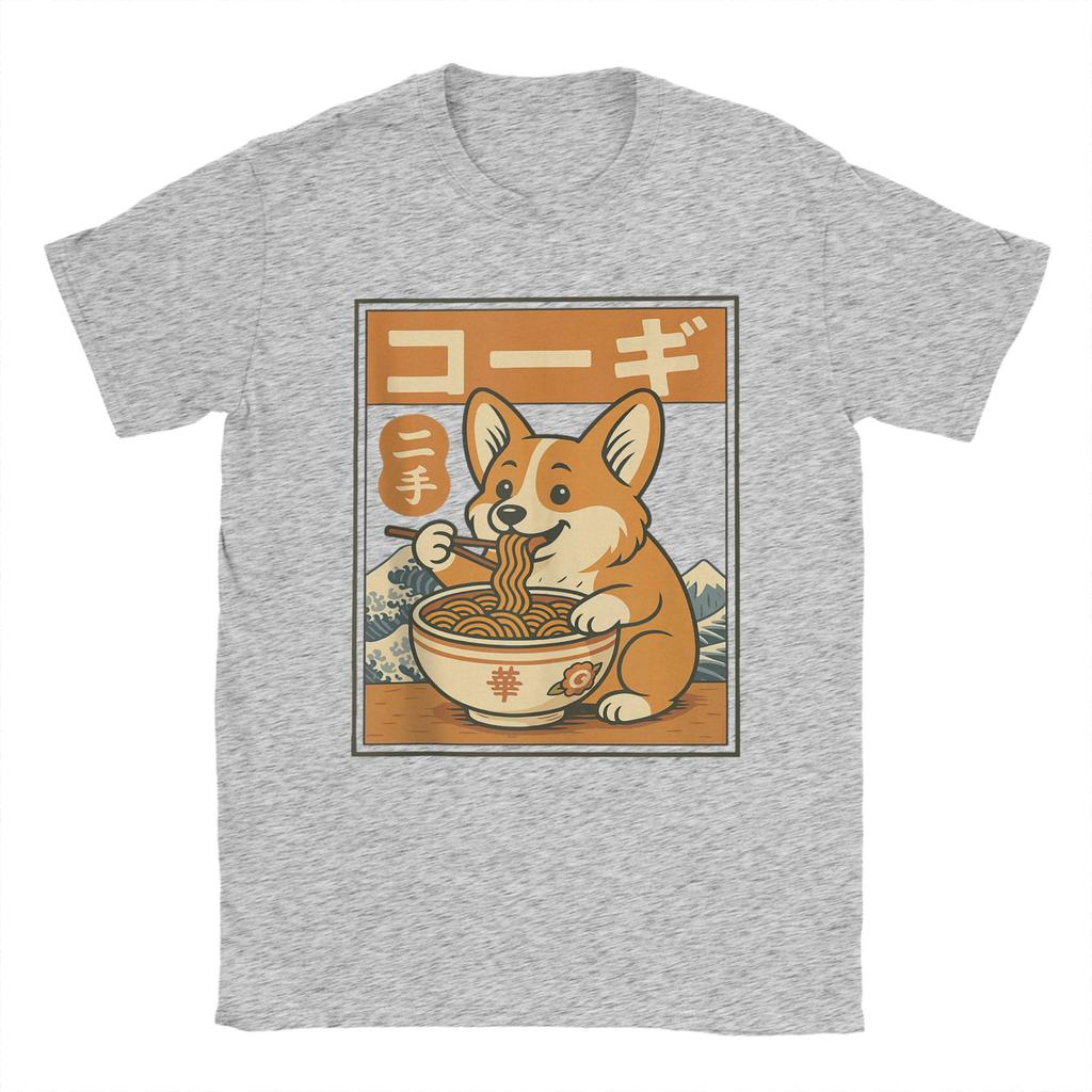 Corgi Eating Ramen T Shirts for Men Cotton Leisure TShirts Round Neck Tees Short Sleeve Tops Plus Size