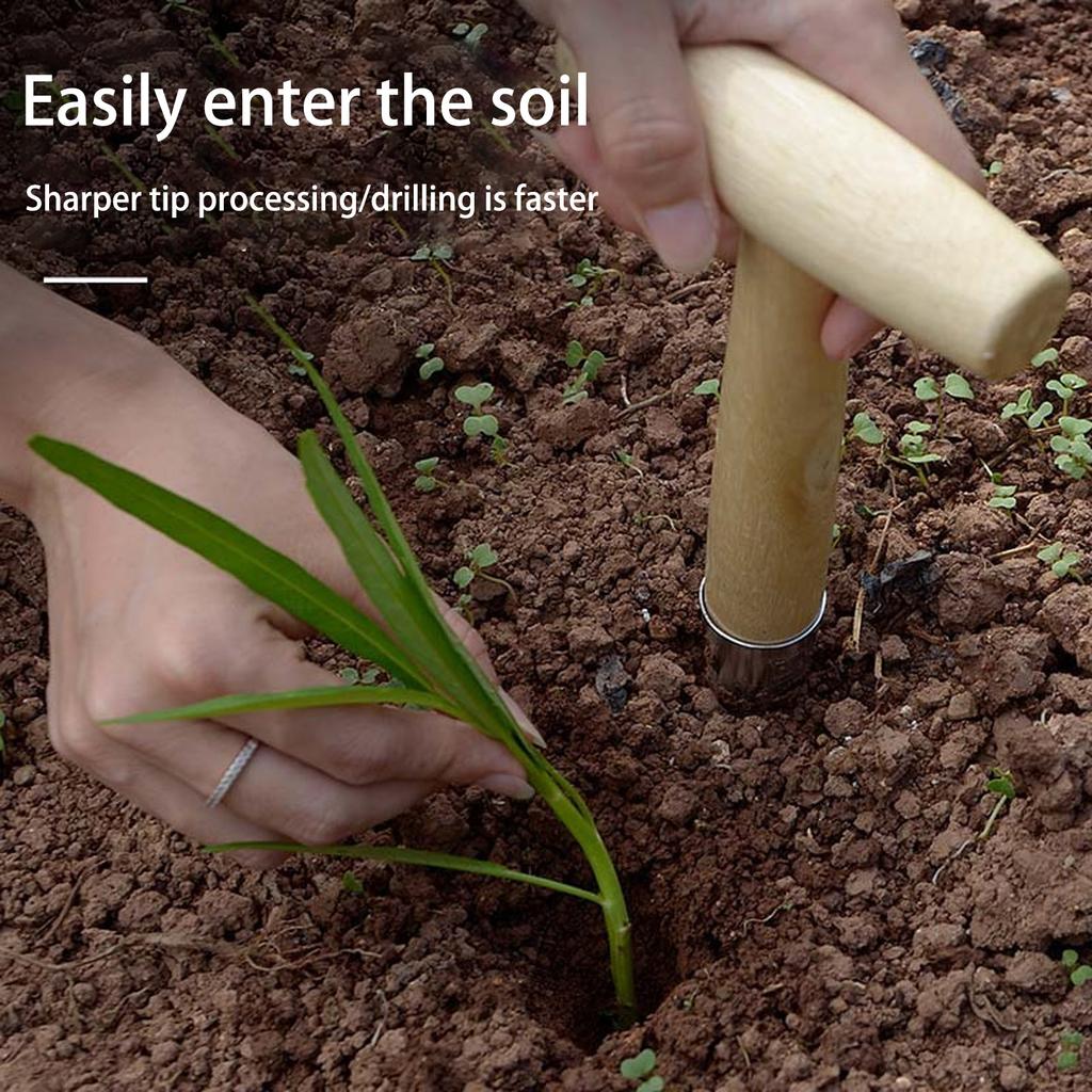 Hand Dibber Stainless Steel Sow Dibbler with Wood Handle Garden Hole Punch Dibbler Tool for Planting Seeds