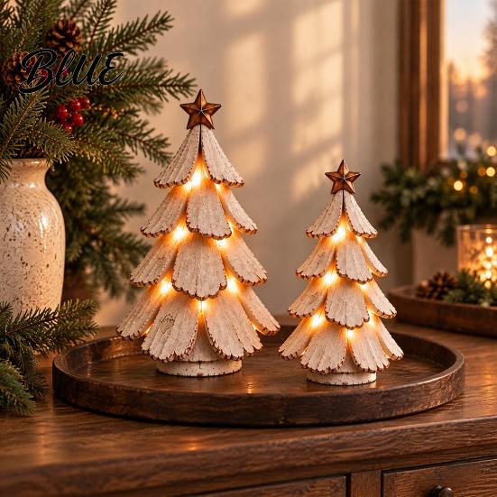 Unique Holiday Gifts for Her 2Pcs Vintage Lighted Christmas Tree Figurine Retro Resin Xmas Decor with Warm Desktop Figurines LED Light Rustic Statue