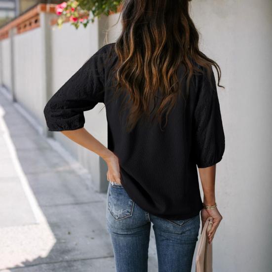 Women T-shirt V-Neck Jacquard Decor 3/4 Sleeves Pullover Tops Solid Color Loose Fit Tops Party Daily Wear