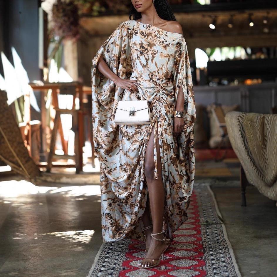  American Women's Fashion 2025 Summer New Off-Shoulder Floral Loose Long Pleated Slit Sleeve Dress