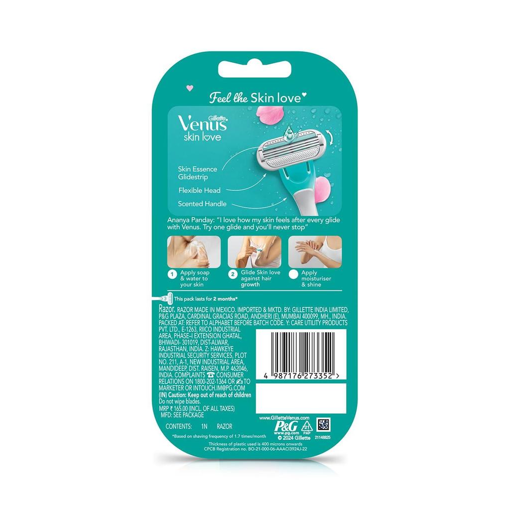 Gillette Venus Skin Love With Skin Essence | Womens Razor For Hair Removal- Pack Of 1, Green
