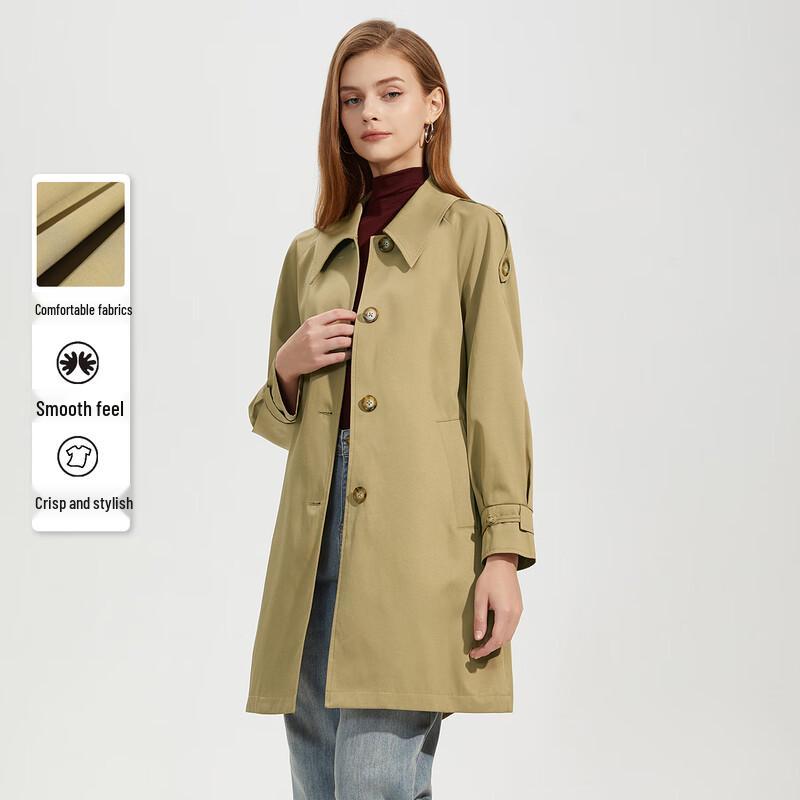 Damen Mittellanger Trenchcoat mit langen Ärmeln, Revers und einreihiger Knopfleiste