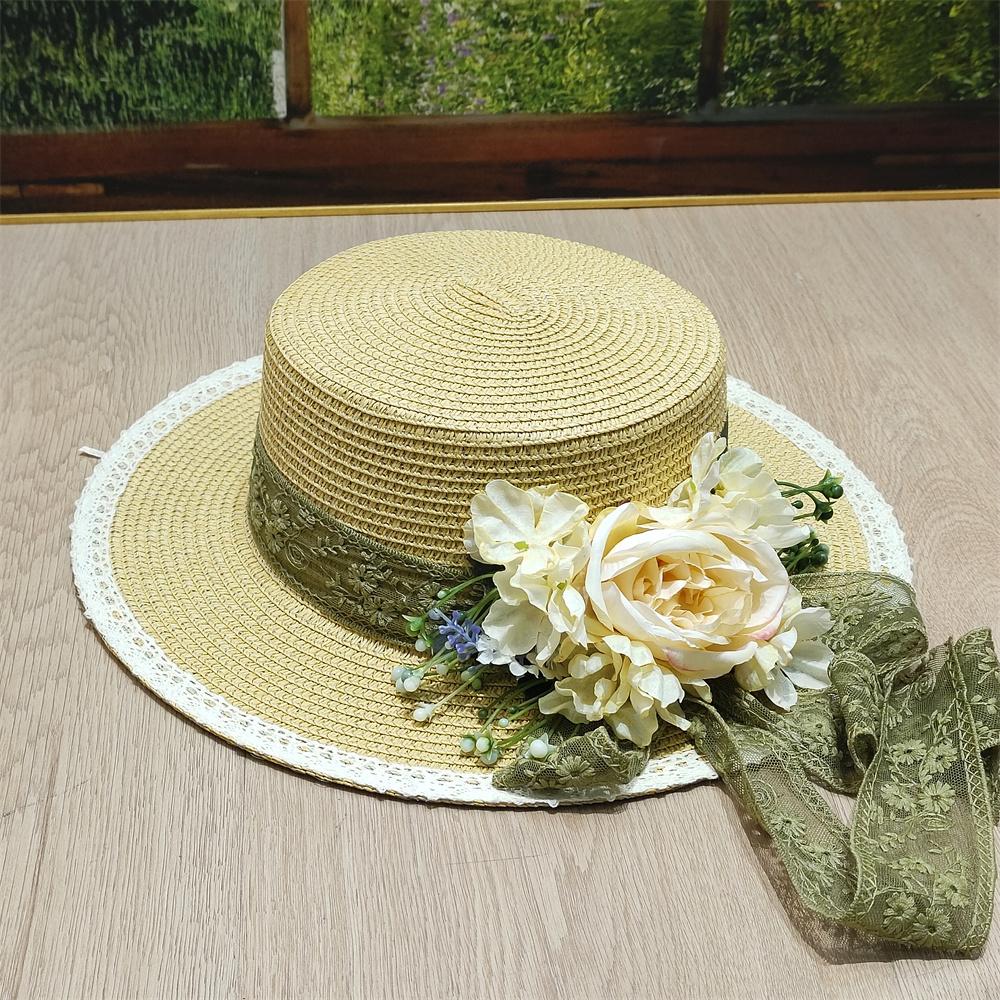 2025 new style flower decoration fresh ladies summer straw hat flat top large brim sun hat beach French elegant wedding hat