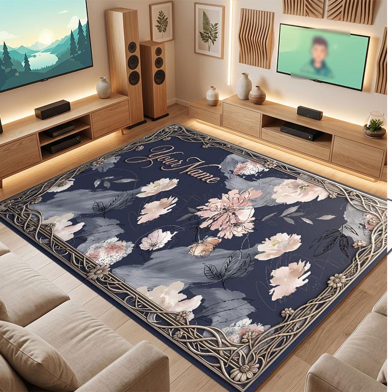Floral Garden Theme Crystal Velvet Floor Rug Personalized Custom Name Text Warm Carpet Home Decoration