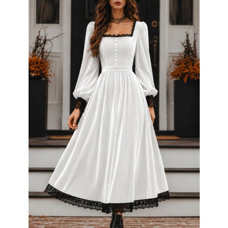 Robe Mi-longue Bleue en Velours pour Femme, Col Carré, Manches Longues, Style Vintage Élégant, Bordure en Dentelle, Robe Évasée