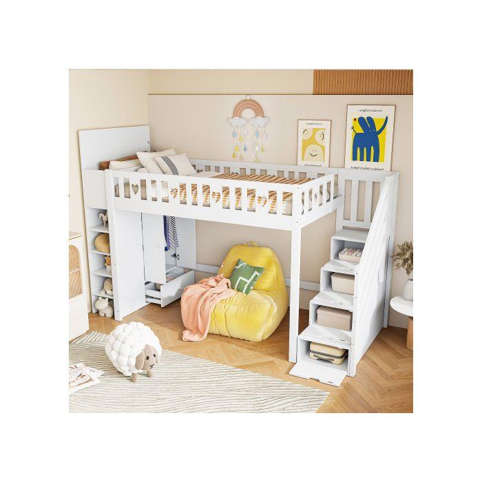 Lit Mezzanine - MUVOE - 90x200 Cm - Blanc - Échelle De Rangement - Armoires Pliables