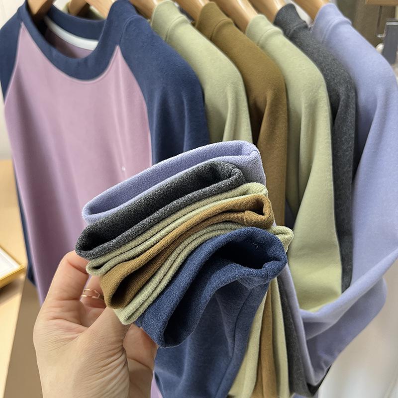 Unisex Outdoor Lightweight Color-Block Patchwork Round Neck Long Sleeve Fleece Base Layer T-Shirt