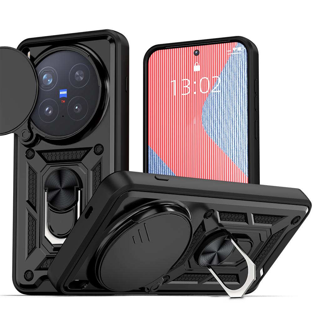 KEYSION Shockproof Armor Case for VIVO X300 Pro 5G Silicone+PC Slide Camera Lens Protection Ring Stand Phone Cover for VIVO X300